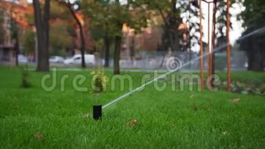 园灌喷灌浇水草坪在园区走道附近.. 自动旋转灌溉系统。 青草